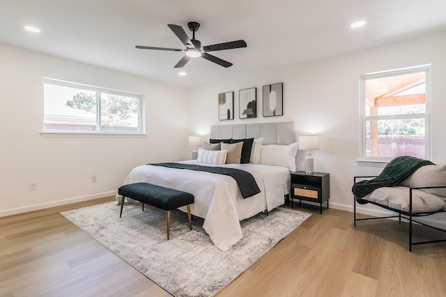 2505 Kelsey Dr, Plano, TX 75075 - bedroom featuring light wood finished floors, baseboards, recessed lighting, and ceiling fan