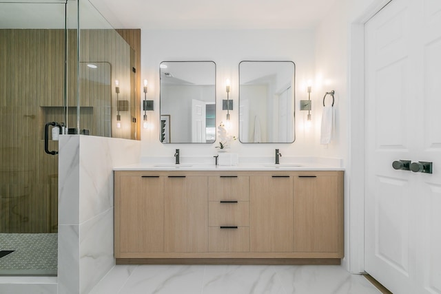 2505 Kelsey Dr, Plano, TX 75075 - full bathroom with a shower stall, double vanity, and marble look tile flooring