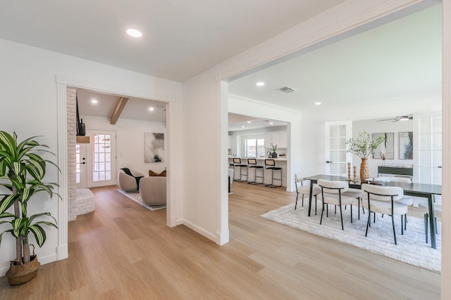 2505 Kelsey Dr, Plano, TX 75075 - dining room with light wood-type flooring, recessed lighting, beam ceiling, a ceiling fan, and baseboards