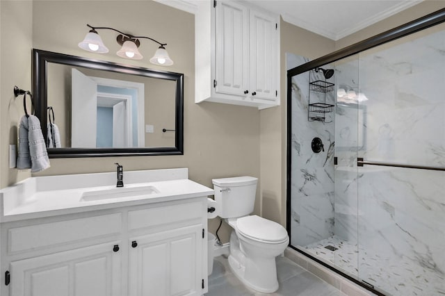 912 Kiowa Dr W, Lake Kiowa, TX 76240 - bathroom with a marble finish shower, crown molding, vanity, toilet, and tile patterned floors