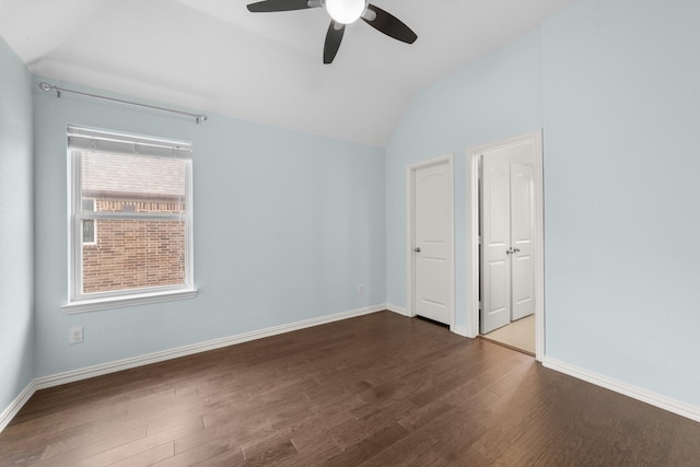 5776 Civetta Ct, Frisco, TX 75035 - unfurnished bedroom featuring lofted ceiling, wood finished floors, baseboards, and ceiling fan