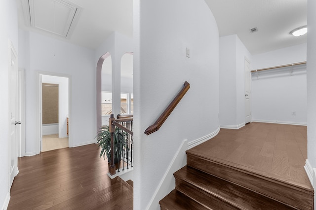 5776 Civetta Ct, Frisco, TX 75035 - stairs featuring attic access, wood finished floors, and baseboards