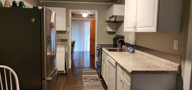 8278 Circle Dr, Kemp, TX 75143 - kitchen featuring stainless steel appliances, under cabinet range hood, dark wood-style flooring, and white cabinets