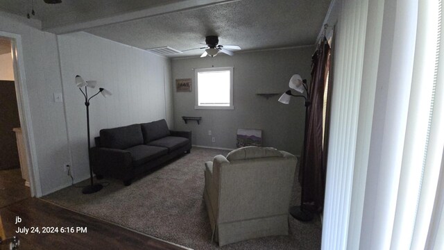 8278 Circle Dr, Kemp, TX 75143 - carpeted living area featuring ceiling fan and a textured ceiling