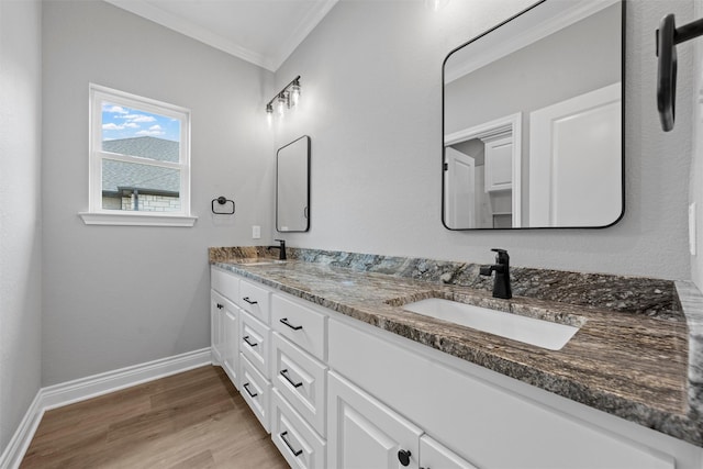 313 Crye Cir, Robinson, TX 76706 - bathroom featuring crown molding, wood finished floors, baseboards, and double vanity