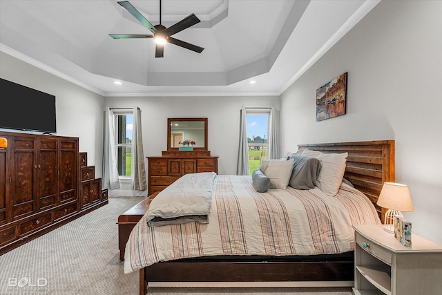 267 Poydras Ave, Bossier City, LA 71111 - carpeted bedroom featuring recessed lighting, ornamental molding, a ceiling fan, and a tray ceiling