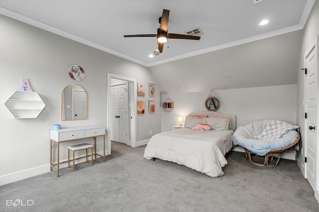 267 Poydras Ave, Bossier City, LA 71111 - carpeted bedroom featuring ornamental molding, baseboards, vaulted ceiling, ceiling fan, and recessed lighting