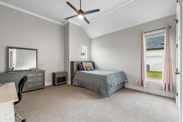 267 Poydras Ave, Bossier City, LA 71111 - bedroom featuring multiple windows, light colored carpet, vaulted ceiling, crown molding, and ceiling fan