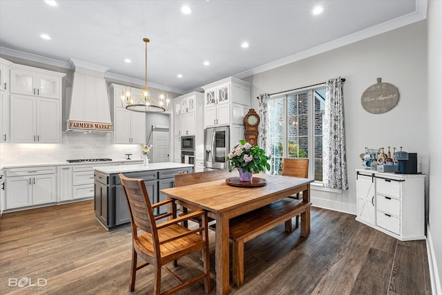 267 Poydras Ave, Bossier City, LA 71111 - dining space featuring crown molding, a chandelier, recessed lighting, dark wood-style flooring, and baseboards