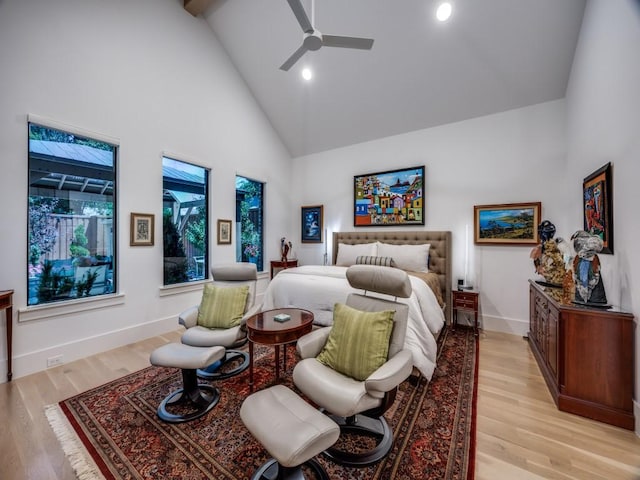 5019 Lark Ln, Dallas, TX 75209 - bedroom with high vaulted ceiling, light wood finished floors, recessed lighting, beam ceiling, and a ceiling fan
