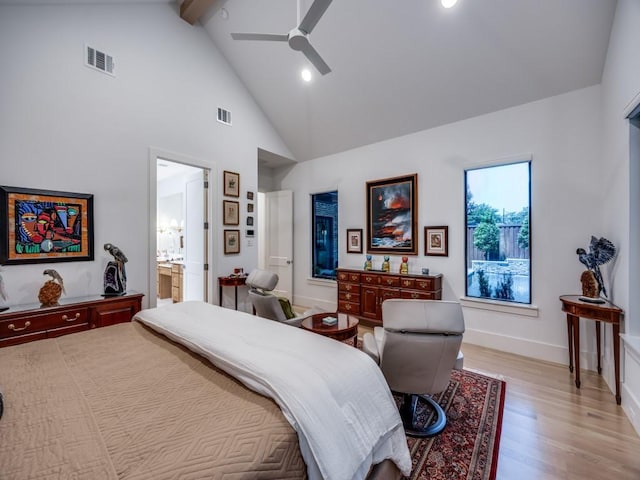 5019 Lark Ln, Dallas, TX 75209 - bedroom featuring light wood-style floors, beam ceiling, high vaulted ceiling, recessed lighting, and ensuite bath