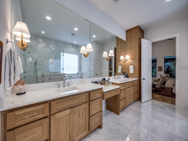 5019 Lark Ln, Dallas, TX 75209 - full bathroom featuring a marble finish shower, a chandelier, vanity, marble tiled floors, and recessed lighting