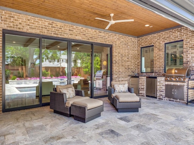 5019 Lark Ln, Dallas, TX 75209 - view of patio with exterior kitchen, a ceiling fan, and an outdoor hangout area