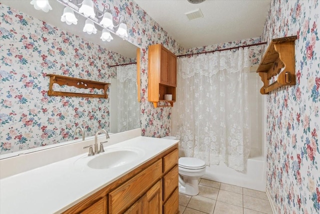 211 Partners Rd, Woodway, TX 76712 - bathroom with wallpapered walls, vanity, shower / tub combo, tile patterned floors, and toilet