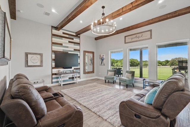 7747 Barber Ranch Rd, Fort Worth, TX 76126 - living area featuring wood finished floors, a chandelier, beam ceiling, baseboards, and recessed lighting