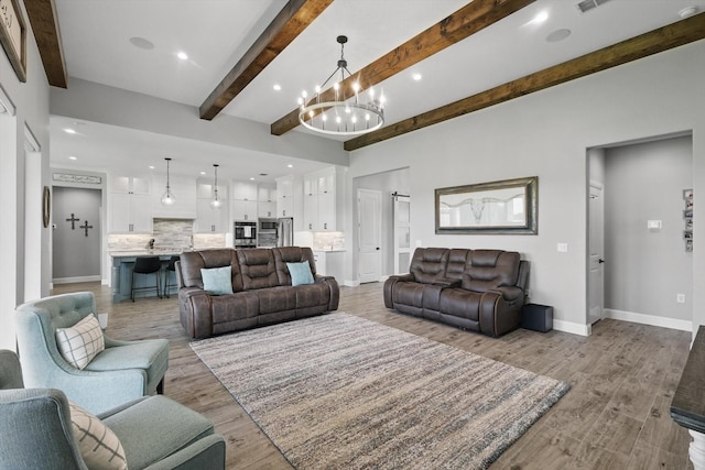7747 Barber Ranch Rd, Fort Worth, TX 76126 - living area with a chandelier, beamed ceiling, baseboards, light wood-style flooring, and recessed lighting