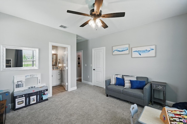 7747 Barber Ranch Rd, Fort Worth, TX 76126 - tiled living room with carpet floors, a ceiling fan, and baseboards