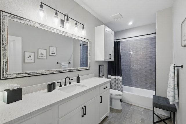 7747 Barber Ranch Rd, Fort Worth, TX 76126 - full bath with toilet, vanity, shower / tub combo with curtain, and tile patterned flooring