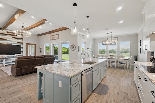 7747 Barber Ranch Rd, Fort Worth, TX 76126 - kitchen with stainless steel dishwasher, gray cabinetry, a sink, a chandelier, and light wood finished floors
