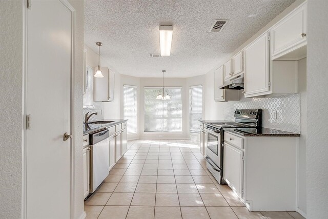 10832 Cobblestone Dr, Benbrook, TX 76126 - kitchen with appliances with stainless steel finishes, under cabinet range hood, a textured ceiling, a sink, and white cabinets