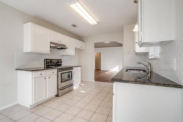 10832 Cobblestone Dr, Benbrook, TX 76126 - kitchen with electric range, a sink, under cabinet range hood, backsplash, and light tile patterned flooring