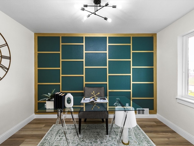 6622 Symphony Dr, Dallas, TX 75227 - office featuring wood finished floors, baseboards, and a chandelier