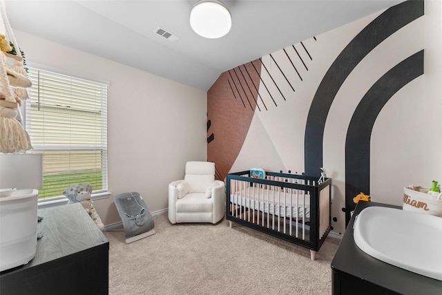 1412 Inks Dr, Desoto, TX 75115 - bedroom featuring carpet floors, multiple windows, lofted ceiling, a crib, and baseboards