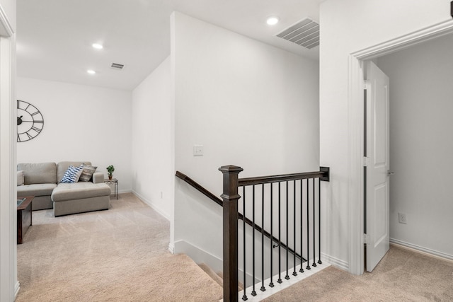 5415 Waterloo Dr, Sachse, TX 75048 - hallway featuring carpet floors, an upstairs landing, recessed lighting, and baseboards