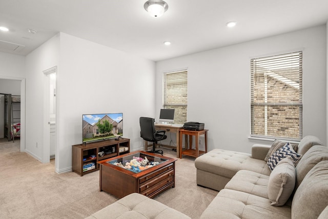 5415 Waterloo Dr, Sachse, TX 75048 - living area featuring light colored carpet, healthy amount of natural light, recessed lighting, a desk, and baseboards