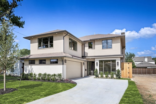 7718 Morton St, Dallas, TX 75209 - contemporary house featuring stucco siding, driveway, an attached garage, a chimney, and a shingled roof