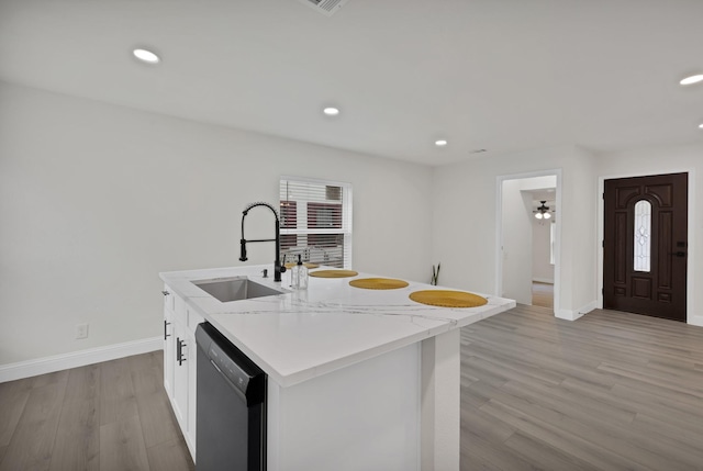 3022 50th St, Dallas, TX 75216 - kitchen with dishwasher, a sink, light wood-style flooring, baseboards, and recessed lighting