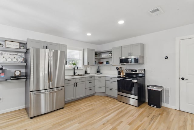 613 Crestview Dr, Granbury, TX 76048 - kitchen featuring stainless steel appliances, open shelves, gray cabinets, and recessed lighting