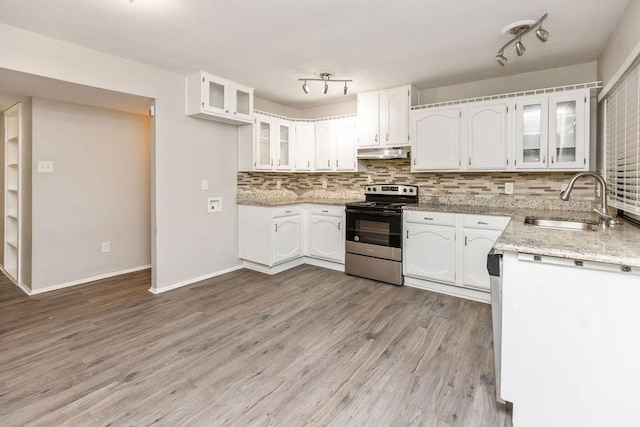 745 Cambridge Dr, Plano, TX 75023 - kitchen with electric range, under cabinet range hood, a sink, decorative backsplash, and white cabinetry