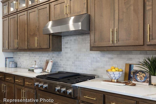 2408 Plumeria Ln, Celina, TX 75009 - kitchen with under cabinet range hood, stainless steel gas stovetop, light countertops, and backsplash