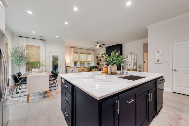 391 E Lamar St, Royse City, TX 75189 - kitchen featuring a sink, a ceiling fan, recessed lighting, crown molding, and dishwashing machine