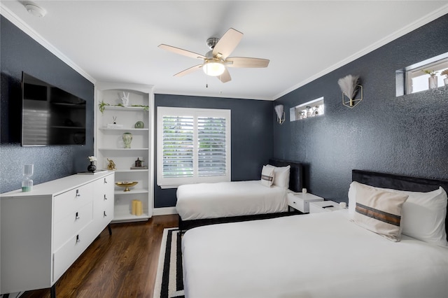 bedroom featuring dark wood-style flooring, multiple windows, a textured wall, a ceiling fan, and crown molding