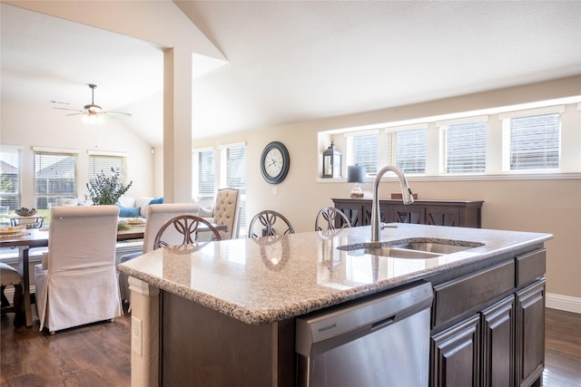 3031 Concourse Dr, Royse City, TX 75189 - kitchen with a sink, stainless steel dishwasher, a center island with sink, dark wood-style floors, and dark brown cabinets