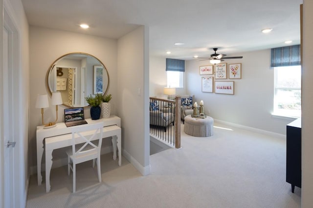 410 Holly Rd, Oak Point, TX 75068 - carpeted home office with recessed lighting, ceiling fan, and baseboards