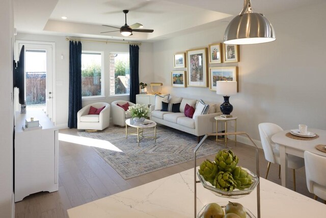 410 Holly Rd, Oak Point, TX 75068 - living area featuring a tray ceiling, healthy amount of natural light, a ceiling fan, baseboards, and recessed lighting