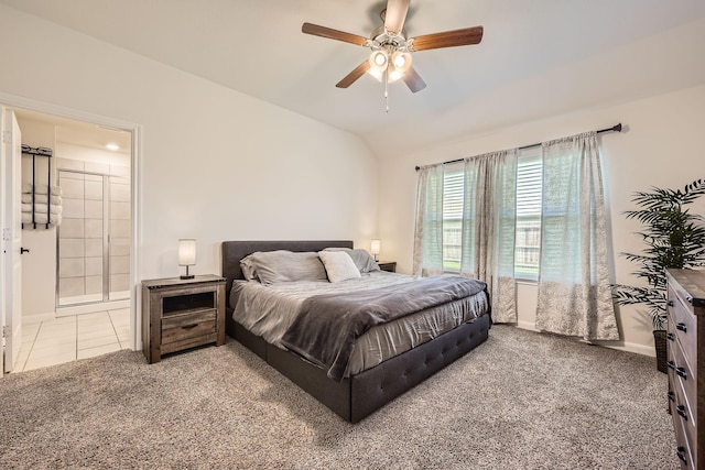 706 Spur Rdg, Princeton, TX 75407 - carpeted bedroom with baseboards, lofted ceiling, ensuite bath, and ceiling fan