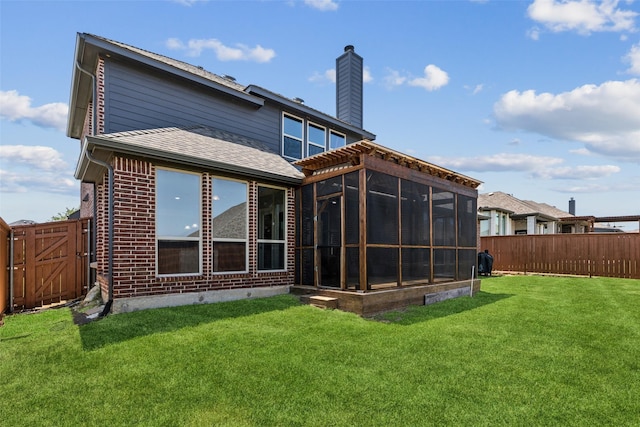 9521 Excursion Dr, Oak Point, TX 75068 - back of house with a sunroom, a chimney, a shingled roof, and brick siding
