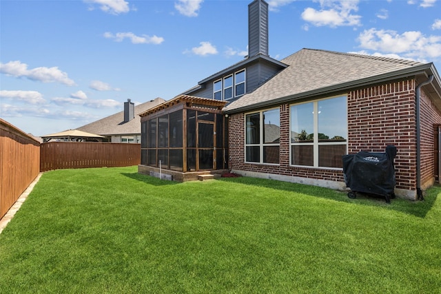 9521 Excursion Dr, Oak Point, TX 75068 - back of property with a sunroom, brick siding, a chimney, and a shingled roof