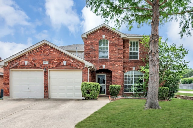 6813 Andress Dr, Fort Worth, TX 76132 - traditional-style house with brick siding, a garage, concrete driveway, a front yard, and a shingled roof