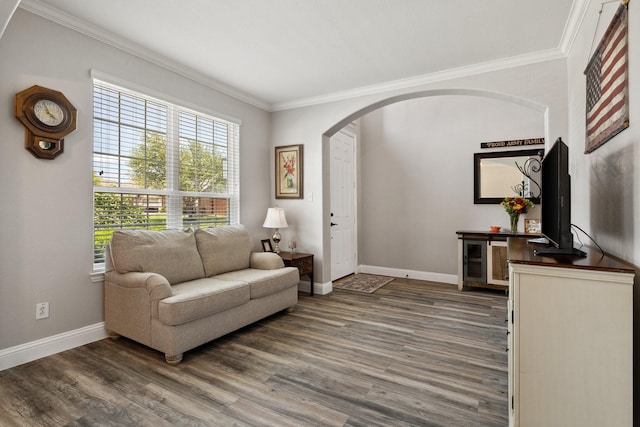 5136 Raisintree Dr, Fort Worth, TX 76244 - living room featuring ornamental molding, arched walkways, and dark wood finished floors