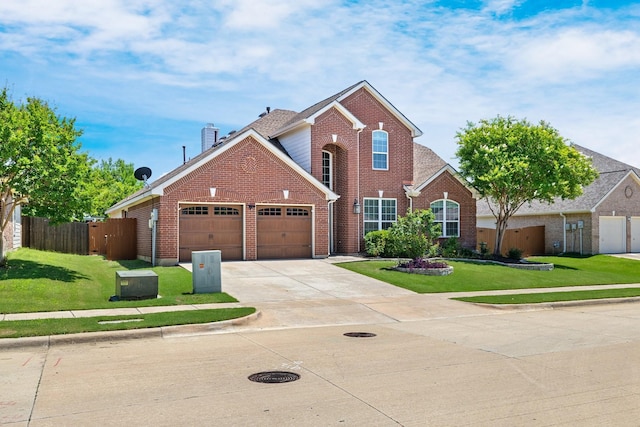 5136 Raisintree Dr, Fort Worth, TX 76244 - traditional home with a garage, concrete driveway, brick siding, and a chimney