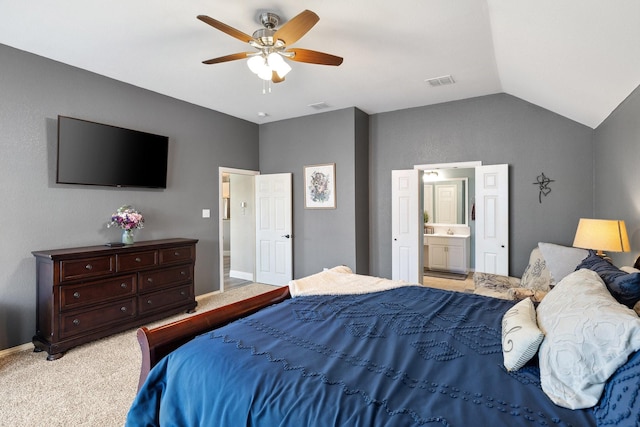 5136 Raisintree Dr, Fort Worth, TX 76244 - bedroom with vaulted ceiling, light colored carpet, ensuite bathroom, and ceiling fan