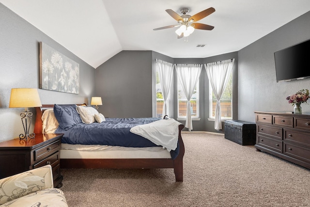 5136 Raisintree Dr, Fort Worth, TX 76244 - bedroom with carpet floors, vaulted ceiling, and a ceiling fan