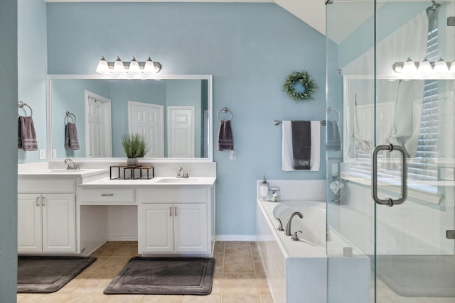 5136 Raisintree Dr, Fort Worth, TX 76244 - bathroom featuring double vanity, a garden tub, a shower stall, tile patterned flooring, and vaulted ceiling