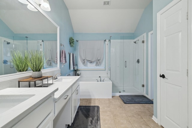5136 Raisintree Dr, Fort Worth, TX 76244 - full bathroom featuring lofted ceiling, double vanity, a tub to relax in, a stall shower, and tile patterned flooring