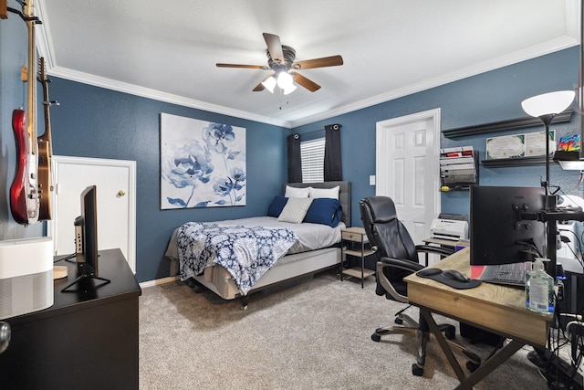 5136 Raisintree Dr, Fort Worth, TX 76244 - carpeted bedroom featuring a desk, ornamental molding, and ceiling fan